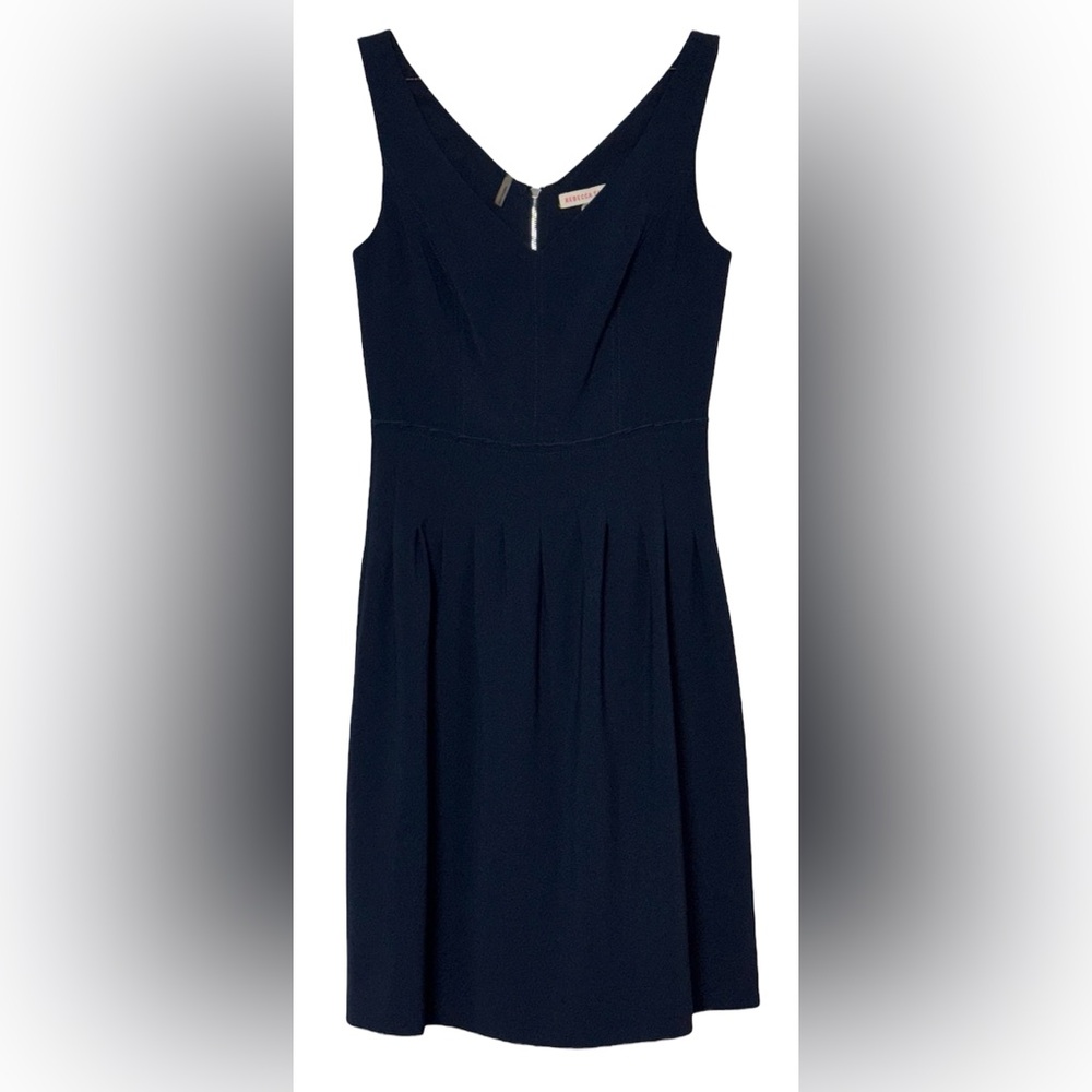 Rebecca Taylor Navy Sleeveless Midi Pleated Dress Size-0 A-Line V-Neck Women